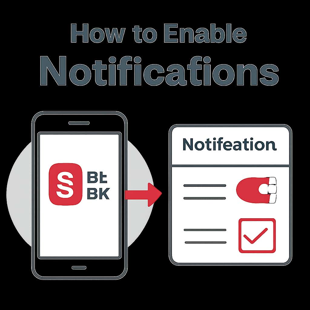 A diagram illustrating the steps to enable notifications in the Ok Bin app.