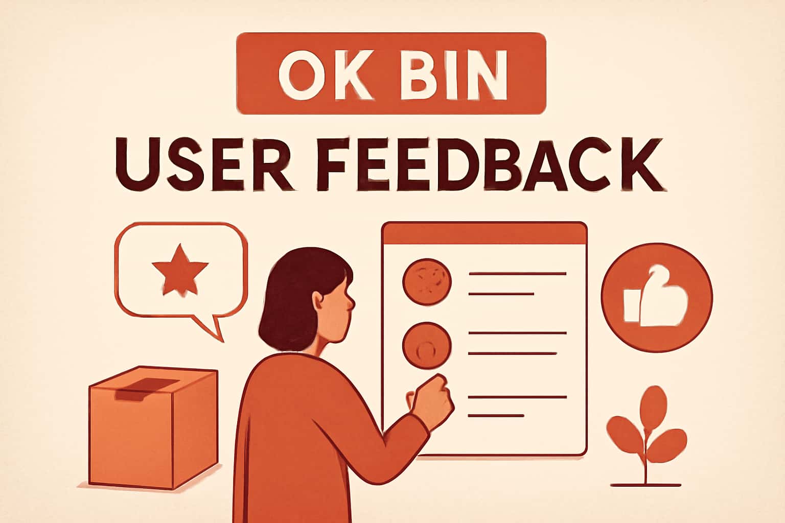 An informative scene depicting user feedback for the Ok Bin app.