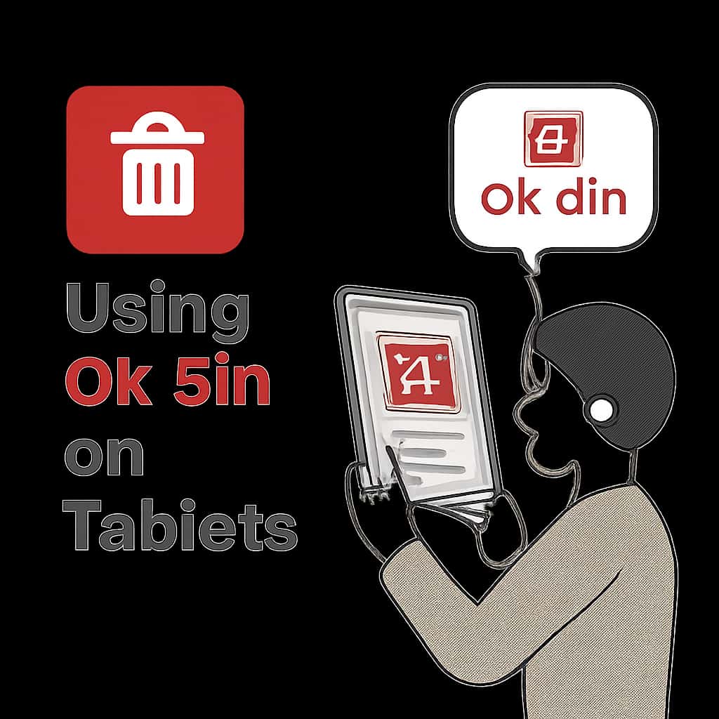 An illustration highlighting the features of the Ok Bin app on tablet devices.