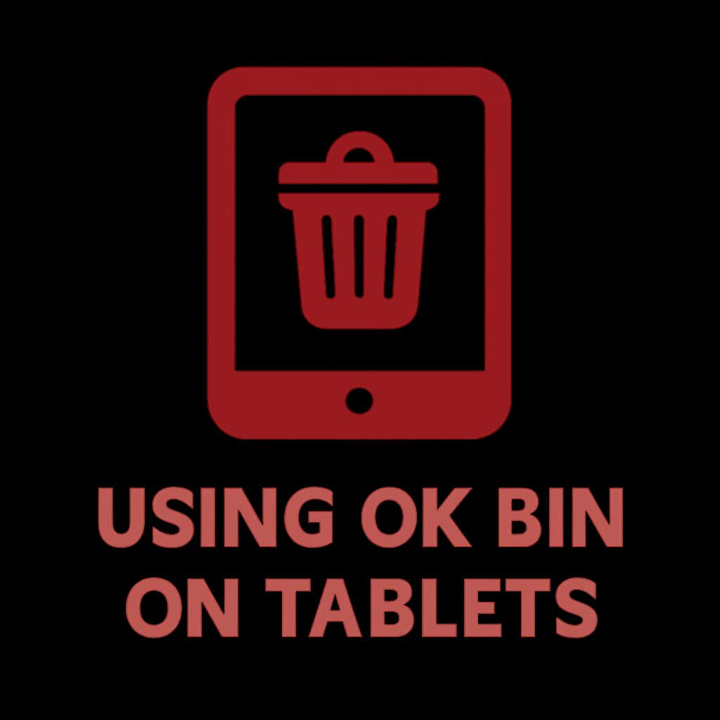 A square badge depicting the Ok Bin logo in a tablet context.